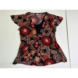Perseption Women Plus Size 1X Red Black Medallion Knot Front Flutter Sleeve Top